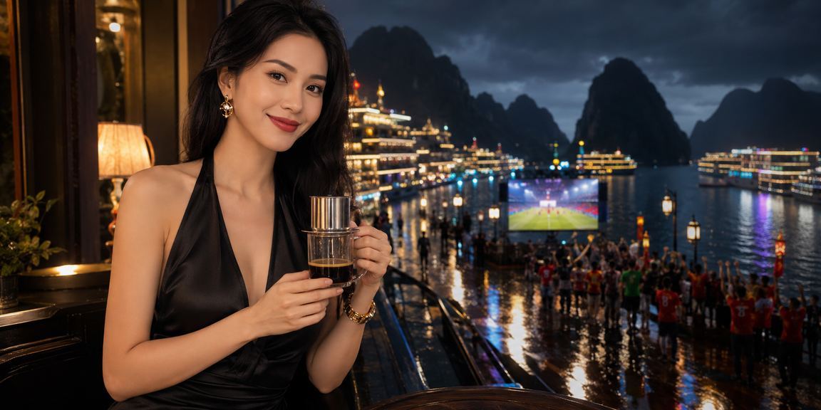 Khung cảnh Vịnh Hạ Long nhìn từ quán cà phê – người dùng Việt Nam thư giãn và kiểm tra tỷ lệ cược trực tuyến