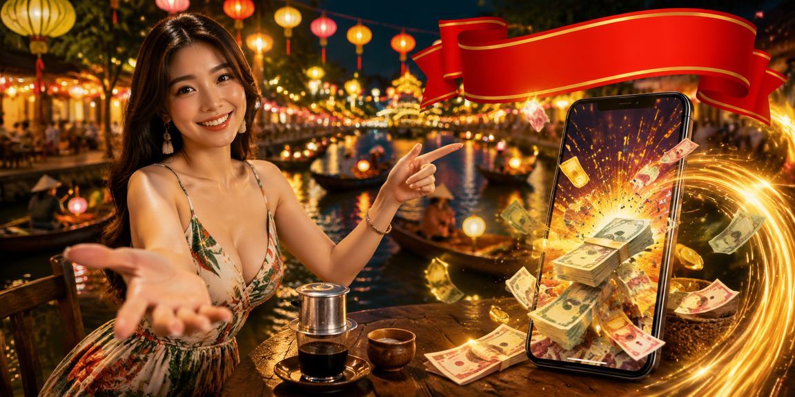 Người dùng Việt Nam thưởng thức cà phê tại Hội An và kiểm tra ưu đãi hoàn tiền trên điện thoại